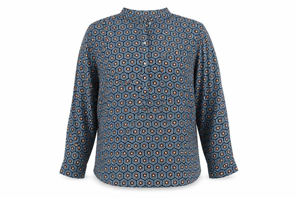 Front view of Gallery Women's Blue Geometric Long Sleeve Henley Blouse, size 8