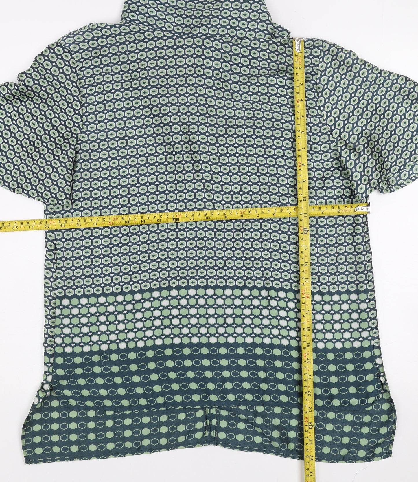 Zara Women Green Geometric Bow Neck Short Sleeve Tunic Blouse M