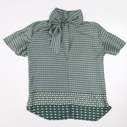 Zara Women Green Geometric Bow Neck Short Sleeve Tunic Blouse M