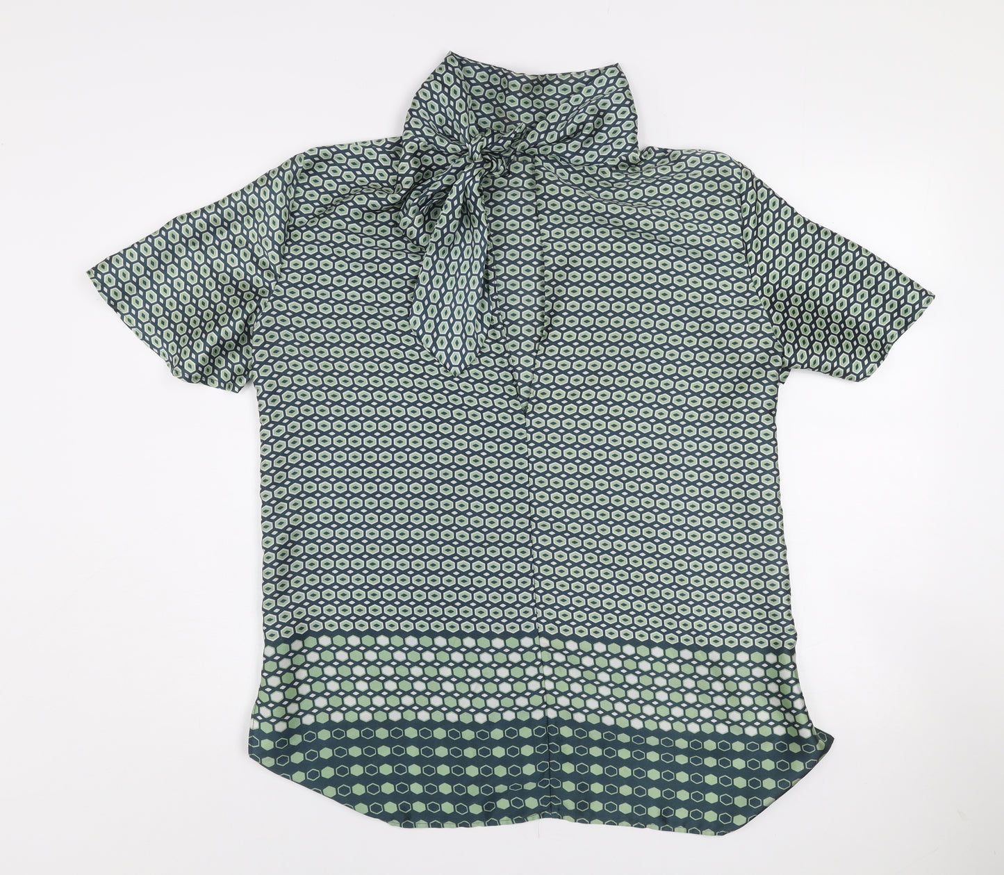 Zara Women Green Geometric Bow Neck Short Sleeve Tunic Blouse M