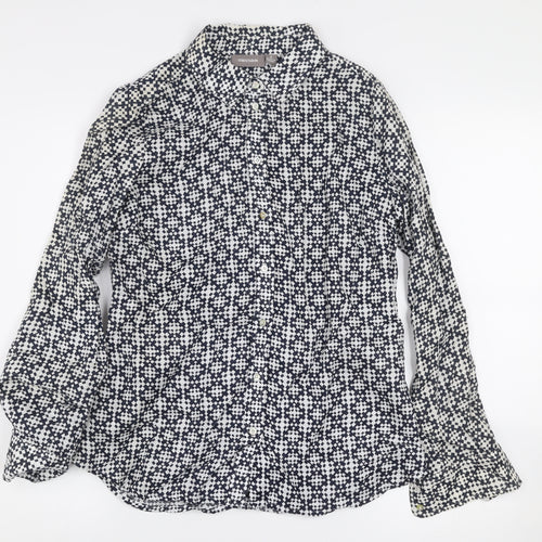Sussan Women's Blue Geometric Linen Button-Up Shirt Size 8