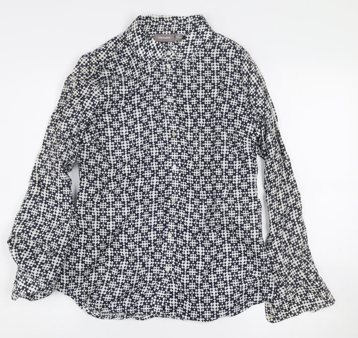 Sussan Women's Blue Geometric Linen Button-Up Shirt Size 8
