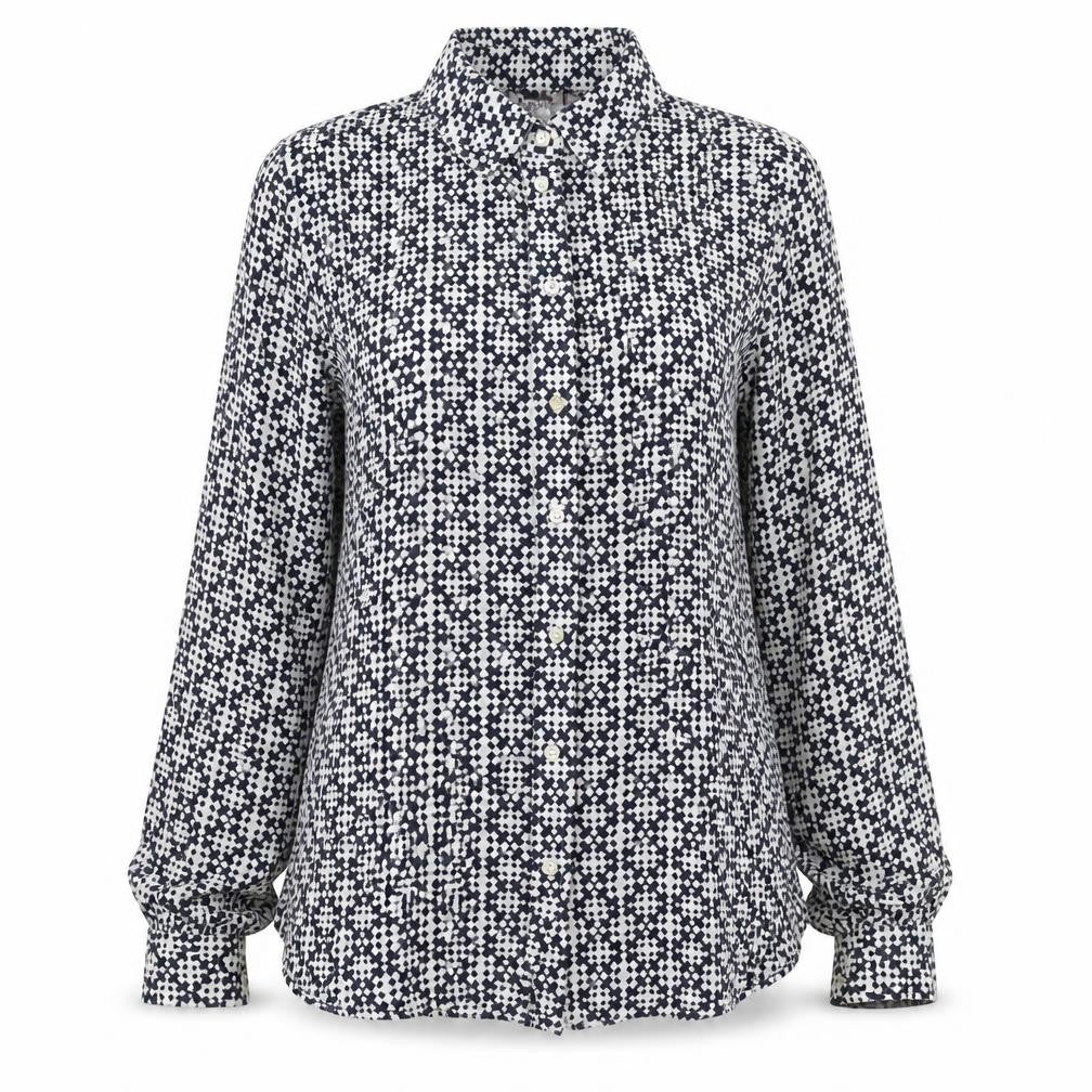 Front view of Sussan Women's Blue Geometric Linen Button-Up Shirt, size 8