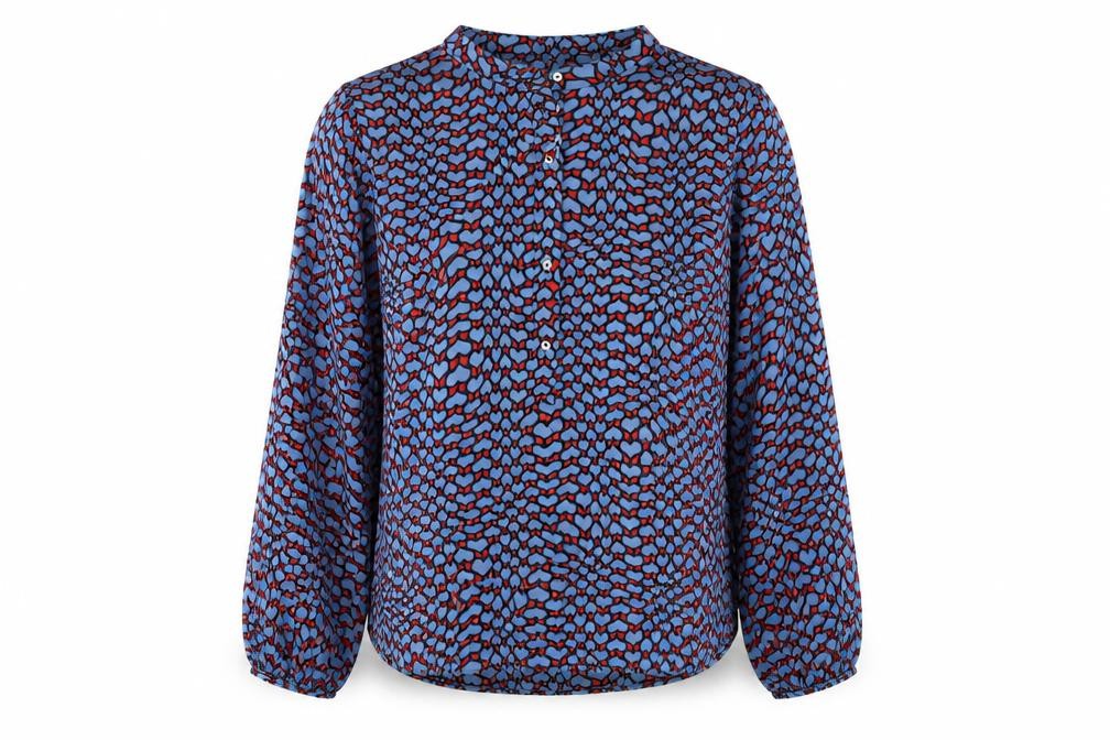Front view of Gallery women’s blue heart print long sleeve button blouse, size UK 10