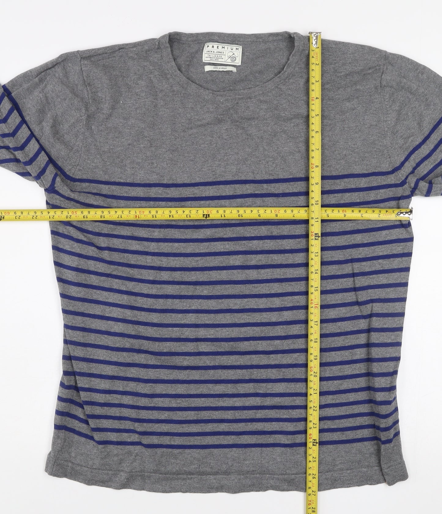 Jack & Jones Men's Grey Striped Cotton Crew Neck Jumper XL
