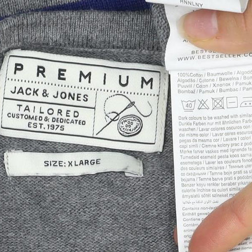 Jack & Jones Men's Grey Striped Cotton Crew Neck Jumper XL
