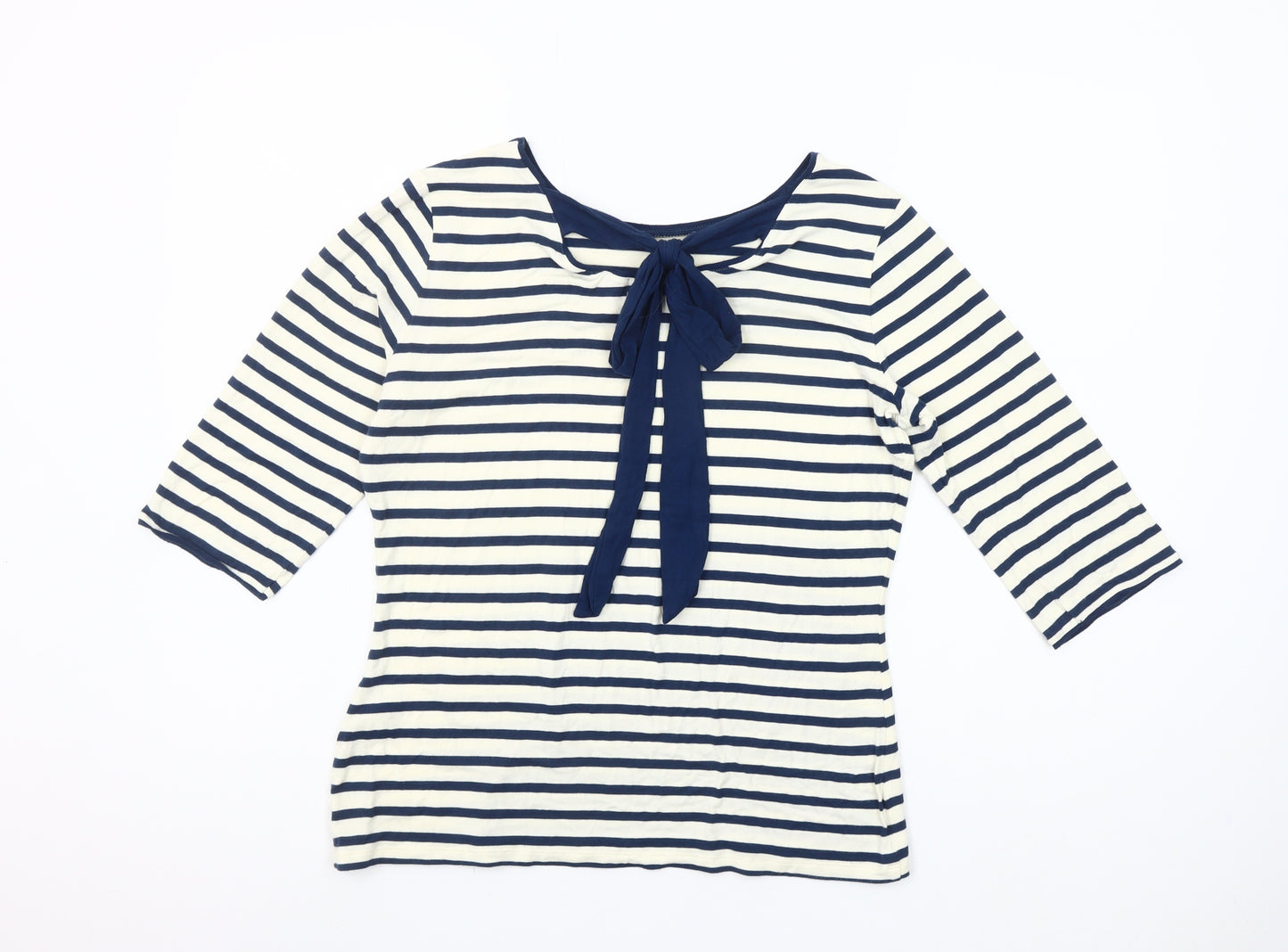Fever London Women Blue White Striped 3/4 Sleeve Bow Top Size 14