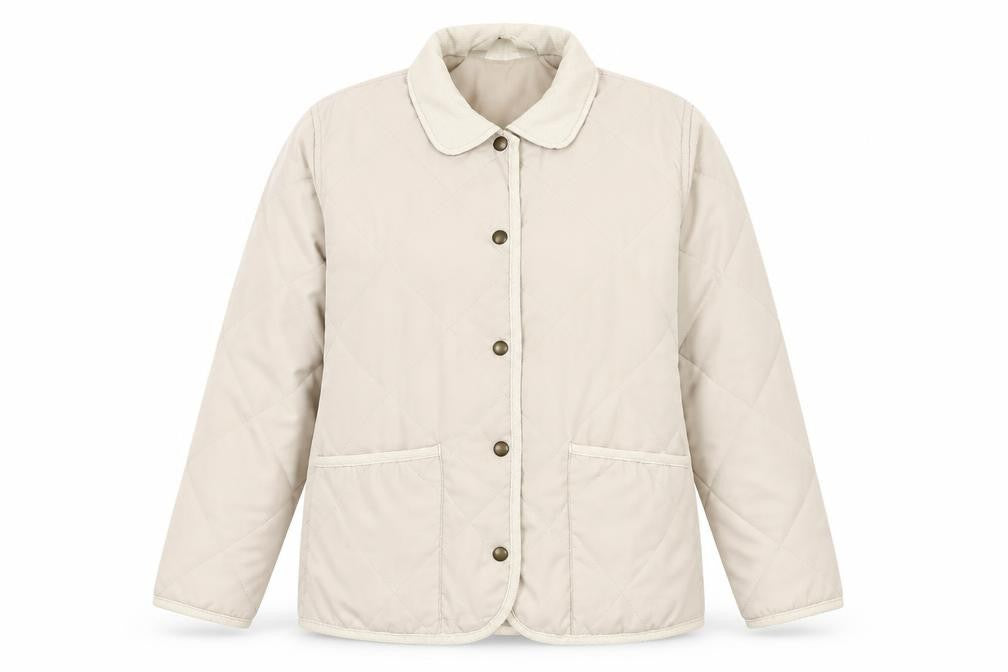 Front view of Women’s Beige Quilted Jacket Small Lightweight Button-Up