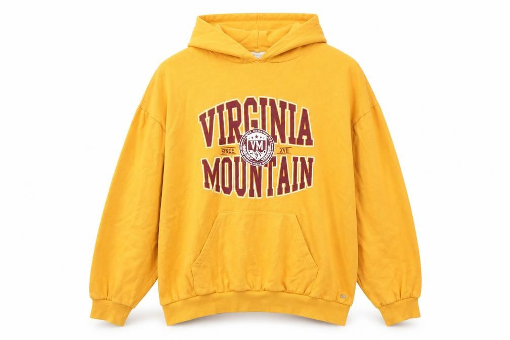 Front view of Pull&Bear Teen Yellow Hoodie Virginia Mountain Graphic, size M