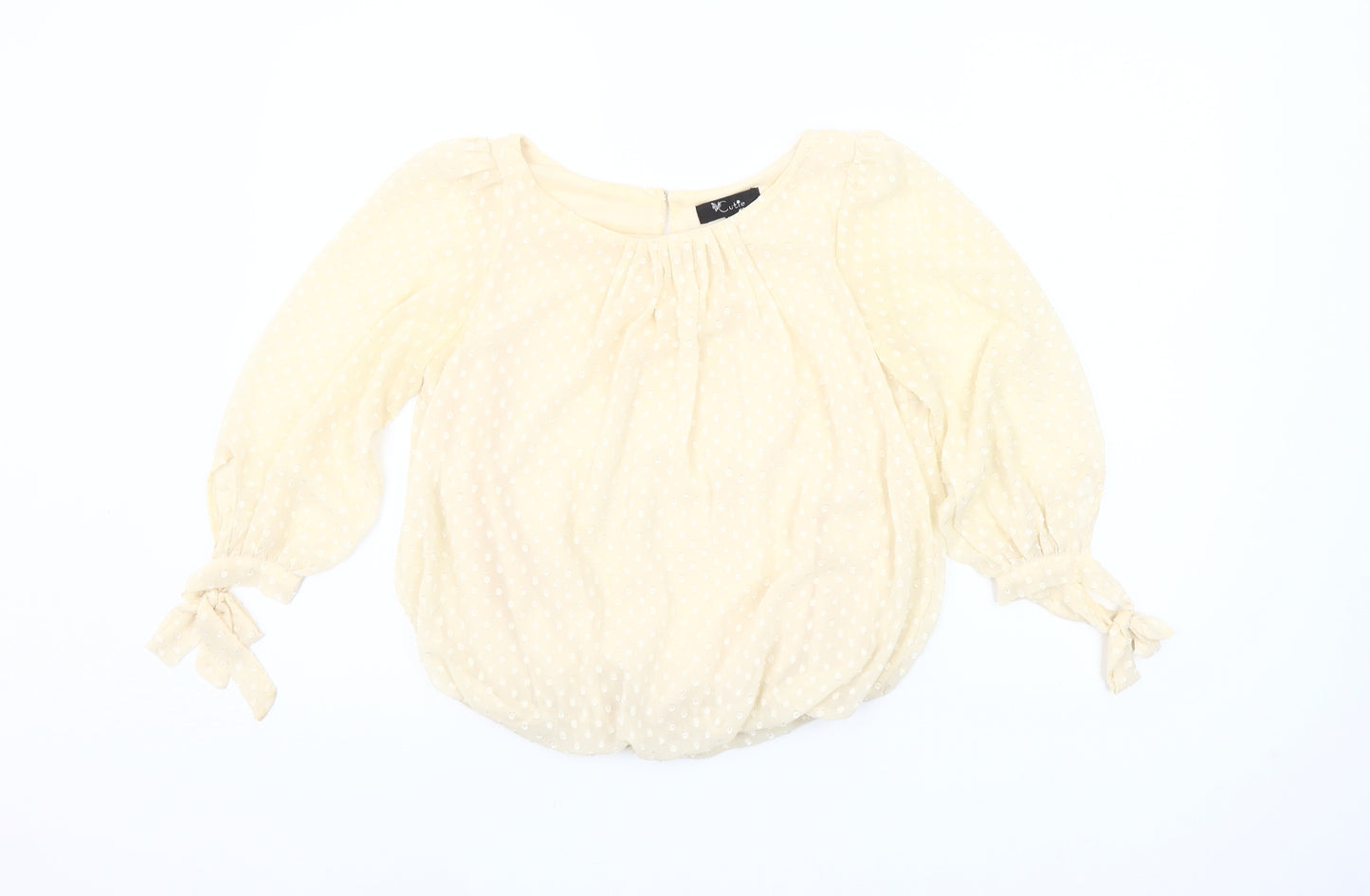 Cutie Women’s Beige Polka Dot Sheer Blouse Size 8 Puff Sleeve Peasant Top