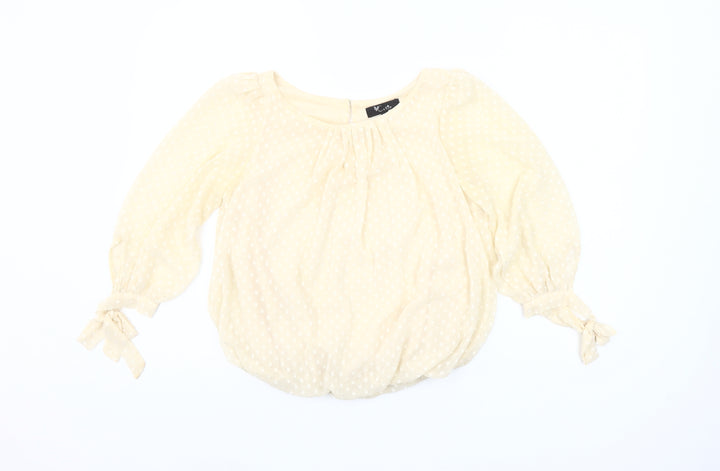 Cutie Women’s Beige Polka Dot Sheer Blouse Size 8 Puff Sleeve Peasant Top