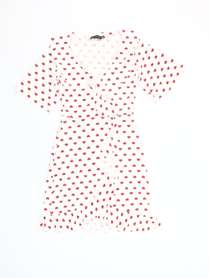 PrettyLittleThing Women’s White Red Heart Wrap Dress Size 4