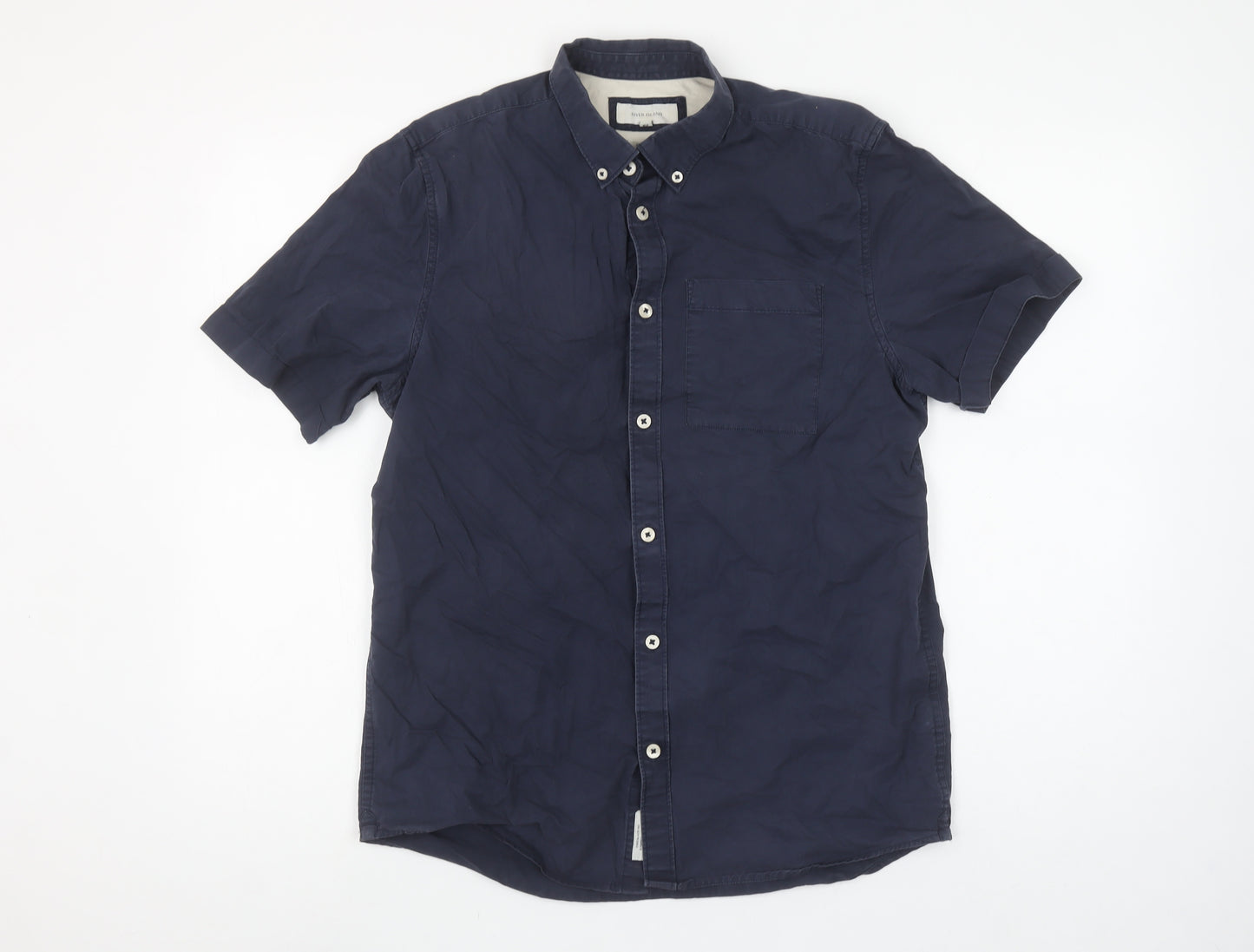 River Island Men's Blue Short Sleeve Button-Down Cotton Shirt Size S