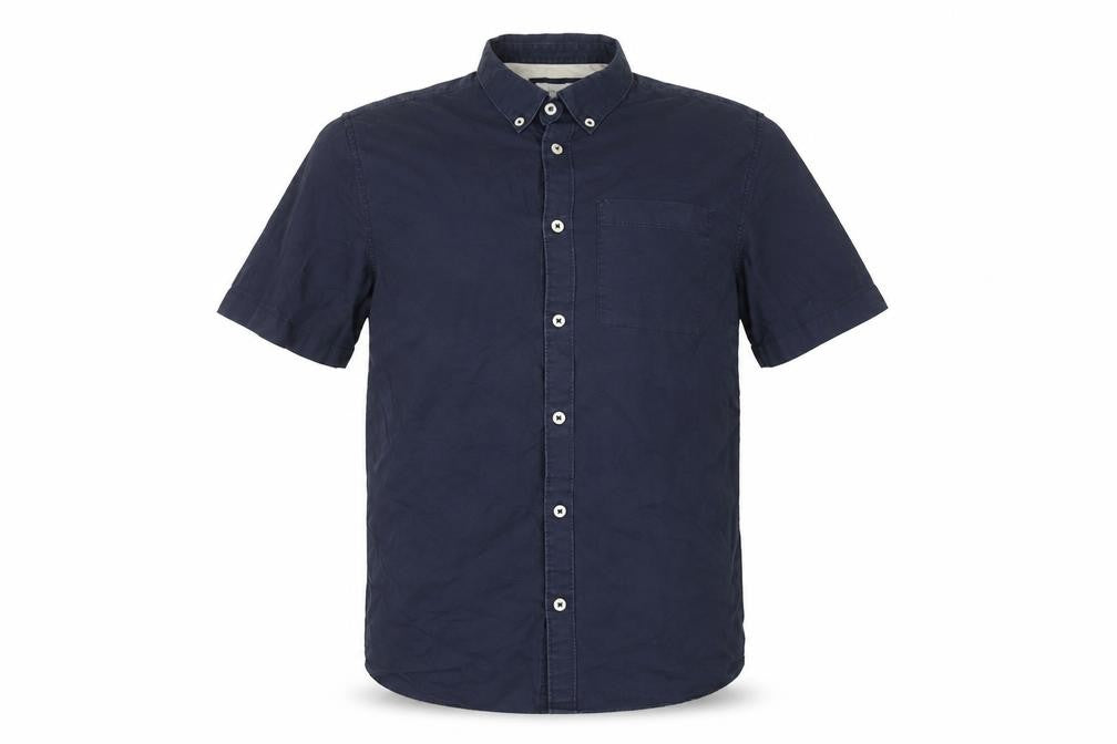 Front view of River Island Men's Blue Short Sleeve Button-Down Cotton Shirt, size S