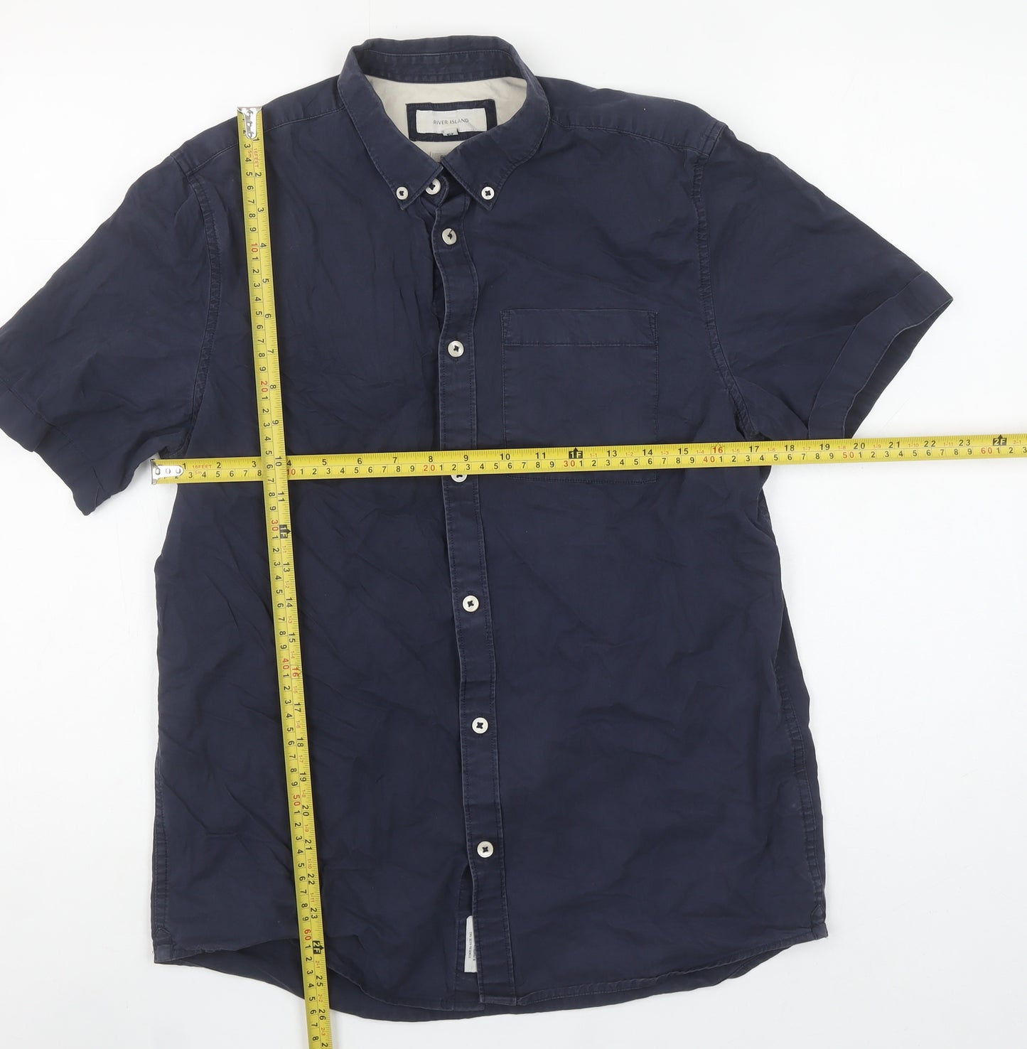 River Island Men's Blue Short Sleeve Button-Down Cotton Shirt Size S
