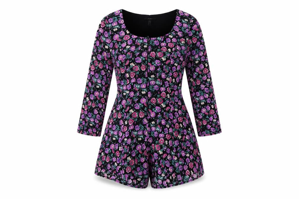 Front view of Forever 21 Women's Black Floral Long Sleeve Playsuit M