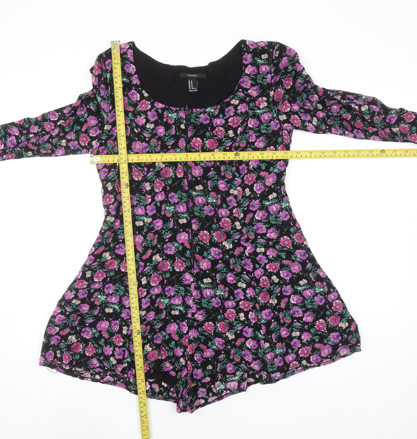Forever 21 Women's Black Floral Long Sleeve Playsuit M