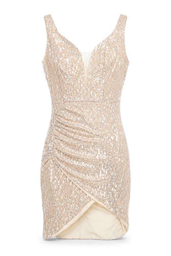 Front view of Grace Karin Women's Beige Sequin Bodycon Short Dress, size S