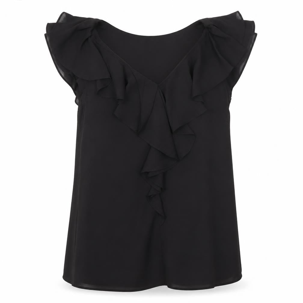 Front view of Monsoon Women's Black Ruffle Chiffon Sleeveless Blouse, size 10