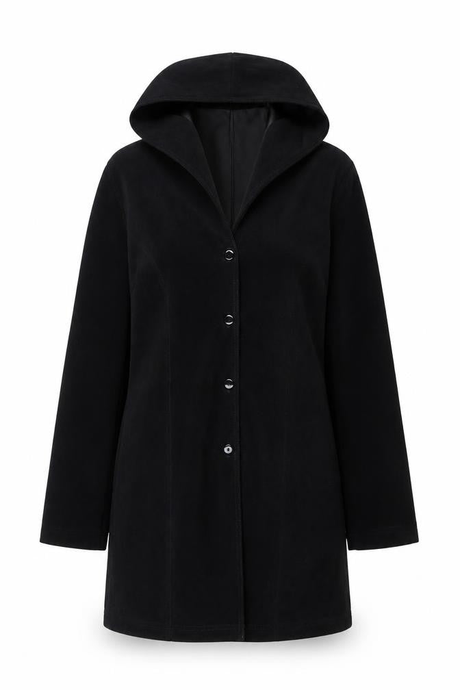 Front view of Yessica women’s black hooded mid-length jacket uk 16