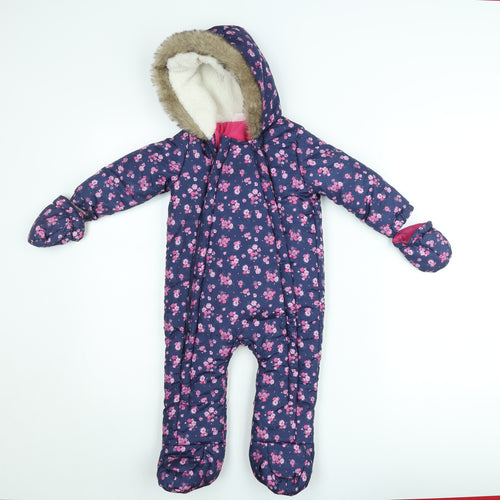 F&F Girls Blue Floral Hooded Winter Snowsuit 9-12 Months Faux Fur Trim