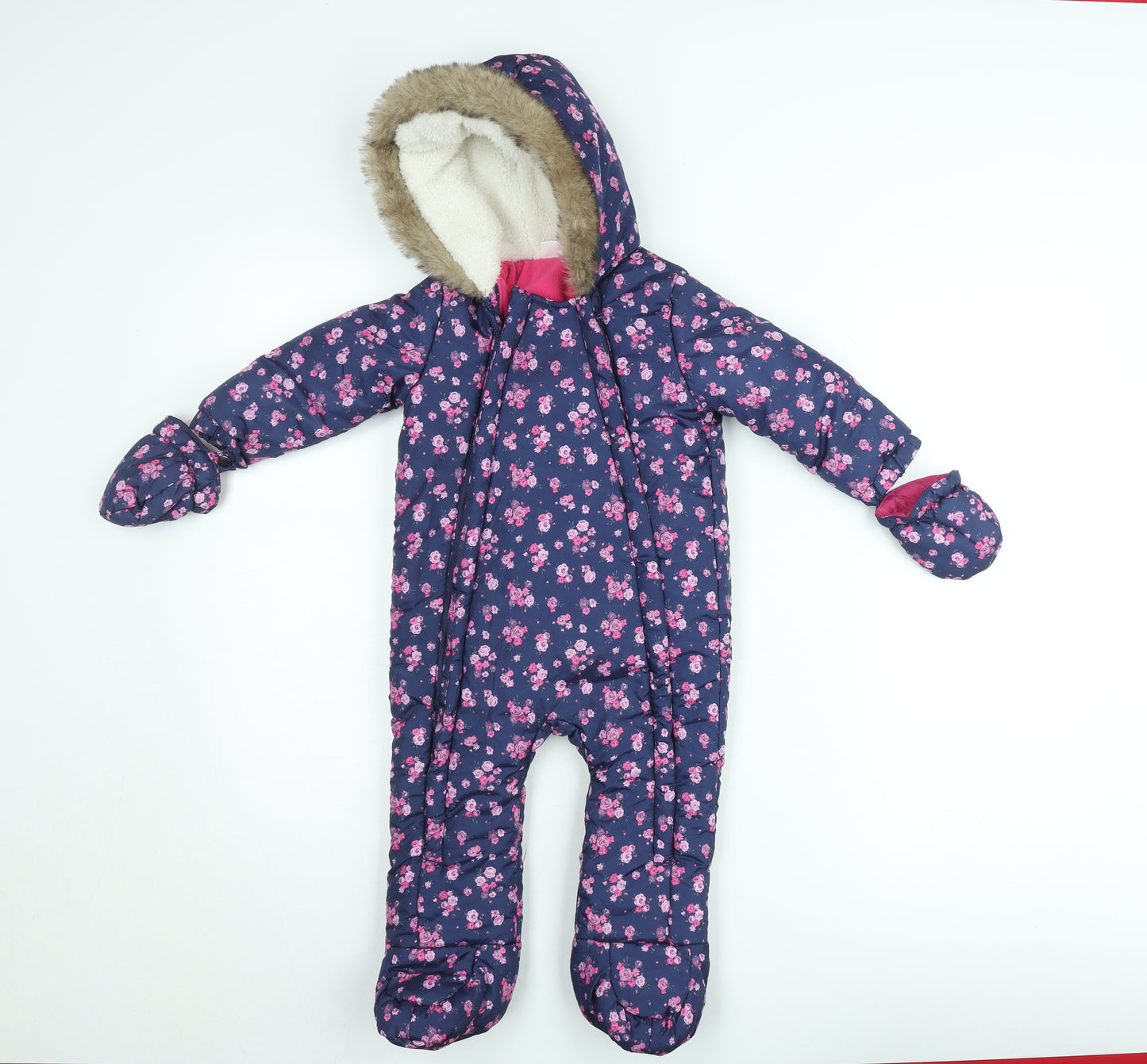 F&F Girls Blue Floral Hooded Winter Snowsuit 9-12 Months Faux Fur Trim