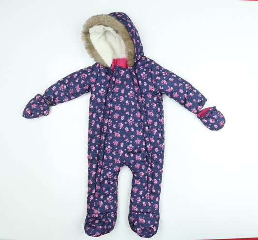 Front view of F&F girls’ blue floral hooded winter snowsuit 9-12 months faux fur trim