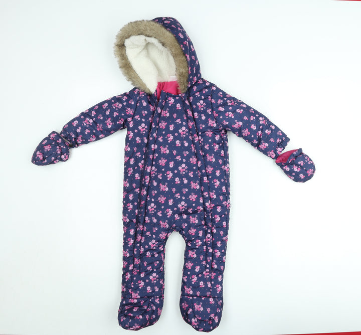F&F Girls Blue Floral Hooded Winter Snowsuit 9-12 Months Faux Fur Trim