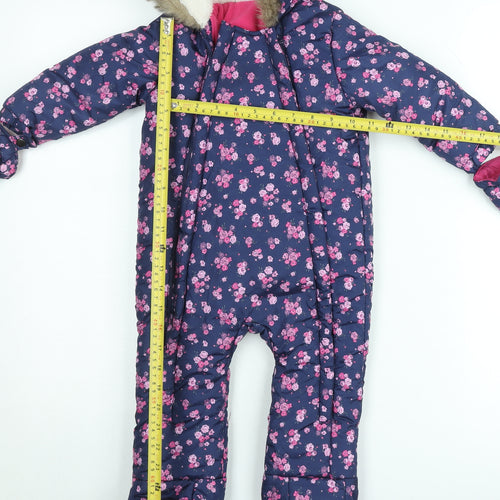 F&F Girls Blue Floral Hooded Winter Snowsuit 9-12 Months Faux Fur Trim