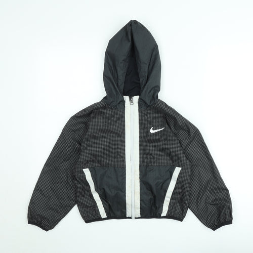 Nike Boys Black Check Windbreaker Jacket Size 8-9 Years Hooded Zip Up