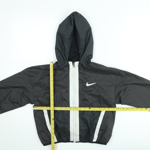 Nike Boys Black Check Windbreaker Jacket Size 8-9 Years Hooded Zip Up