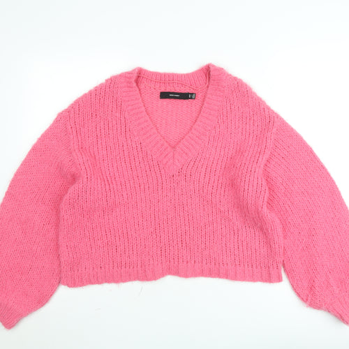 Vero Moda Women Pink Chunky Knit V-Neck Pullover Jumper Size M