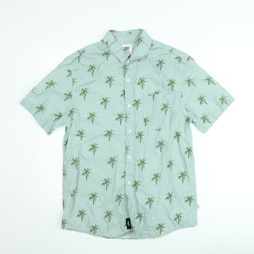 America Today Men's Green Palm Print Short Sleeve Button-Up Shirt Medium