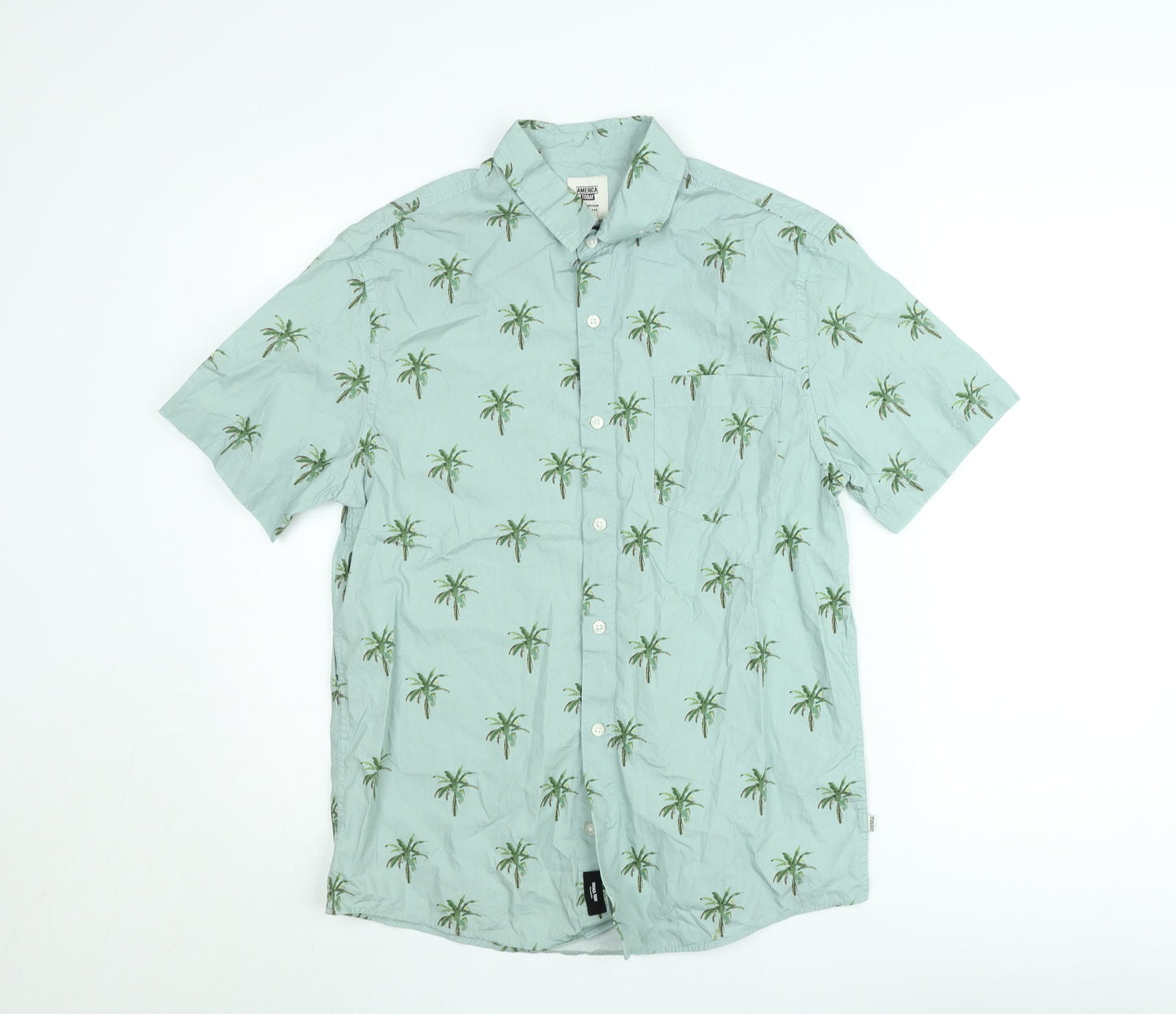 America Today Men's Green Palm Print Short Sleeve Button-Up Shirt Medium