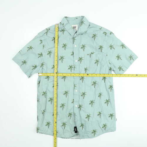 America Today Men's Green Palm Print Short Sleeve Button-Up Shirt Medium