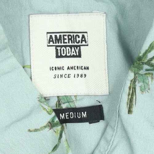 America Today Men's Green Palm Print Short Sleeve Button-Up Shirt Medium