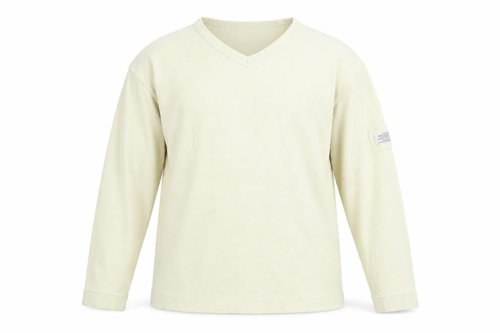 Front view of Cedarwood State Men's Beige Cotton V-Neck Jumper, size M