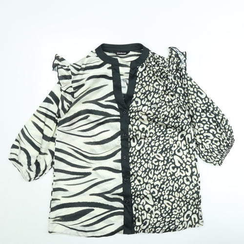 Kaleidoscope Women Black Animal Print Ruffle 3/4 Sleeve Blouse Size 10