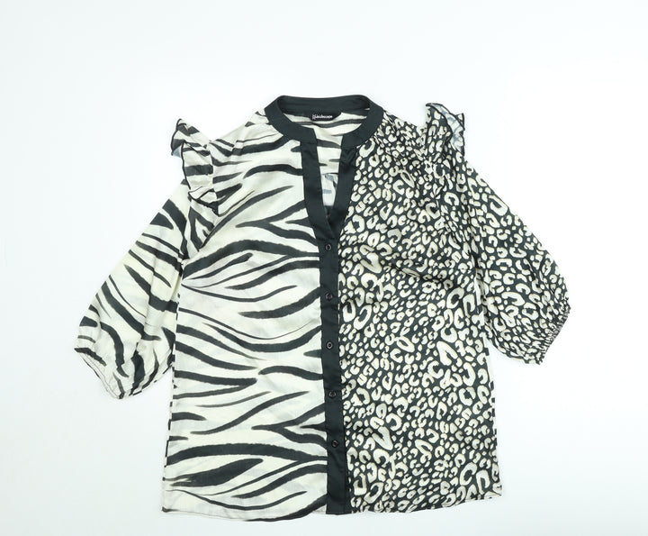 Kaleidoscope Women Black Animal Print Ruffle 3/4 Sleeve Blouse Size 10