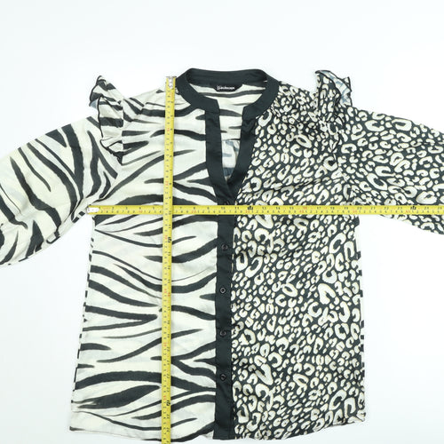 Kaleidoscope Women Black Animal Print Ruffle 3/4 Sleeve Blouse Size 10