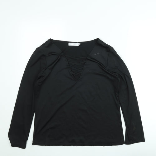 Nuoxi Women's Black Long Sleeve V-Neck Lace Up Blouse Size M