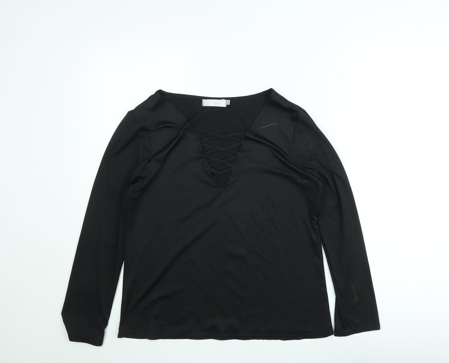 Nuoxi Women's Black Long Sleeve V-Neck Lace Up Blouse Size M