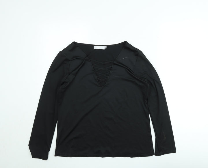 Nuoxi Women's Black Long Sleeve V-Neck Lace Up Blouse Size M