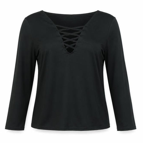 Nuoxi Women's Black Long Sleeve V-Neck Lace Up Blouse Size M