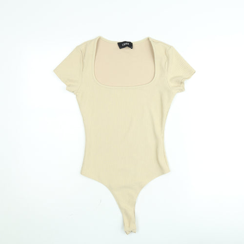 Cider Women’s Beige Ribbed Short Sleeve Square Neck Bodysuit Size S