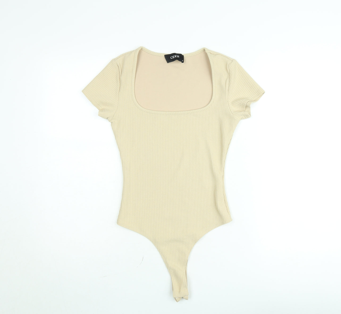 Cider Women’s Beige Ribbed Short Sleeve Square Neck Bodysuit Size S