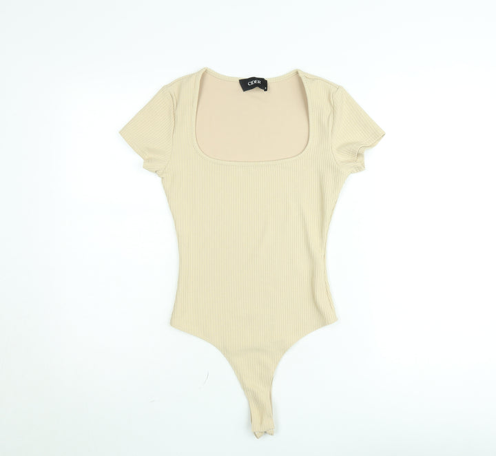 Cider Women’s Beige Ribbed Short Sleeve Square Neck Bodysuit Size S