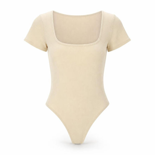Cider Women’s Beige Ribbed Short Sleeve Square Neck Bodysuit Size S