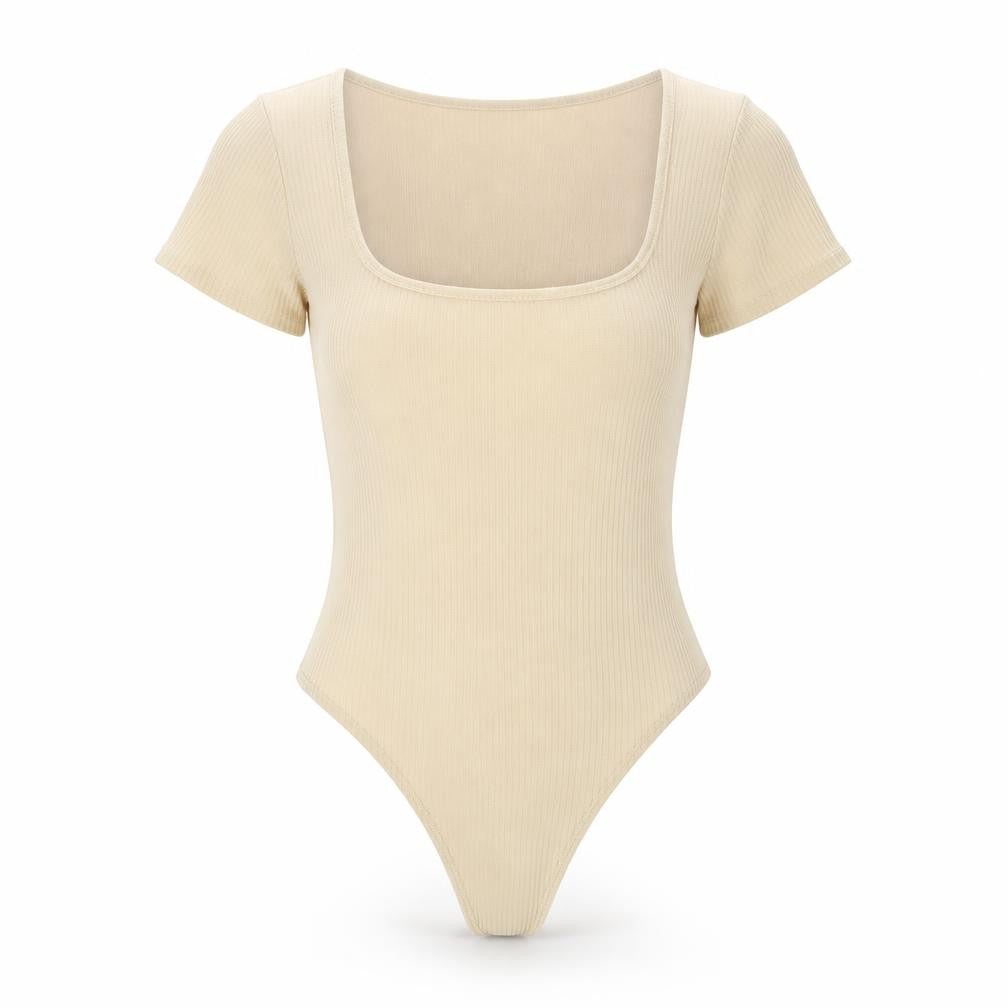 Cider Women’s Beige Ribbed Short Sleeve Square Neck Bodysuit Size S