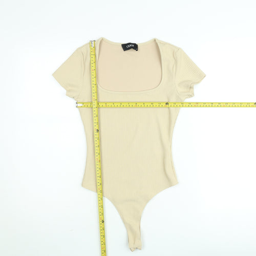 Cider Women’s Beige Ribbed Short Sleeve Square Neck Bodysuit Size S